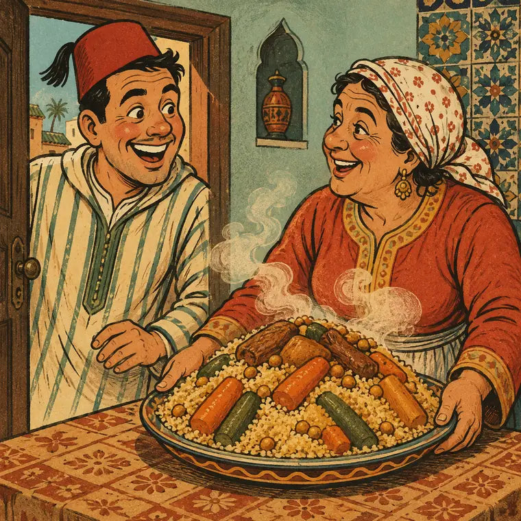 איור מעולם החפיסה: זוג מגיש קוסקוס חגיגי בפתח הבית