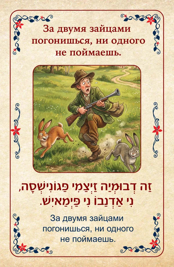 פתגמים ברוסית Русские пословицы За двумя зайцами погонишься, ни одного не поймаешь. זַה דְבוּמְיַה זַיְצַמִי פַּגוֹנִישְׁסָה, נִי אַדְנַבוֹ נִי פַּיְמַאיִשׁ.